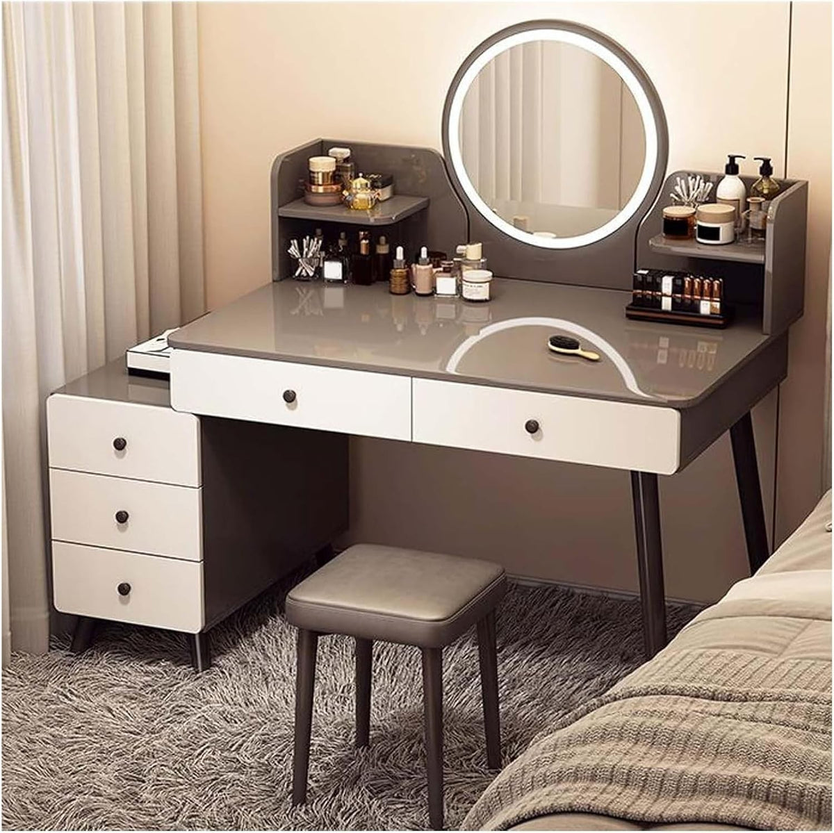 Dressing Table Vanity Desk with LED Lights & Stool, Makeup Storage Drawers, Mode - Kwikley