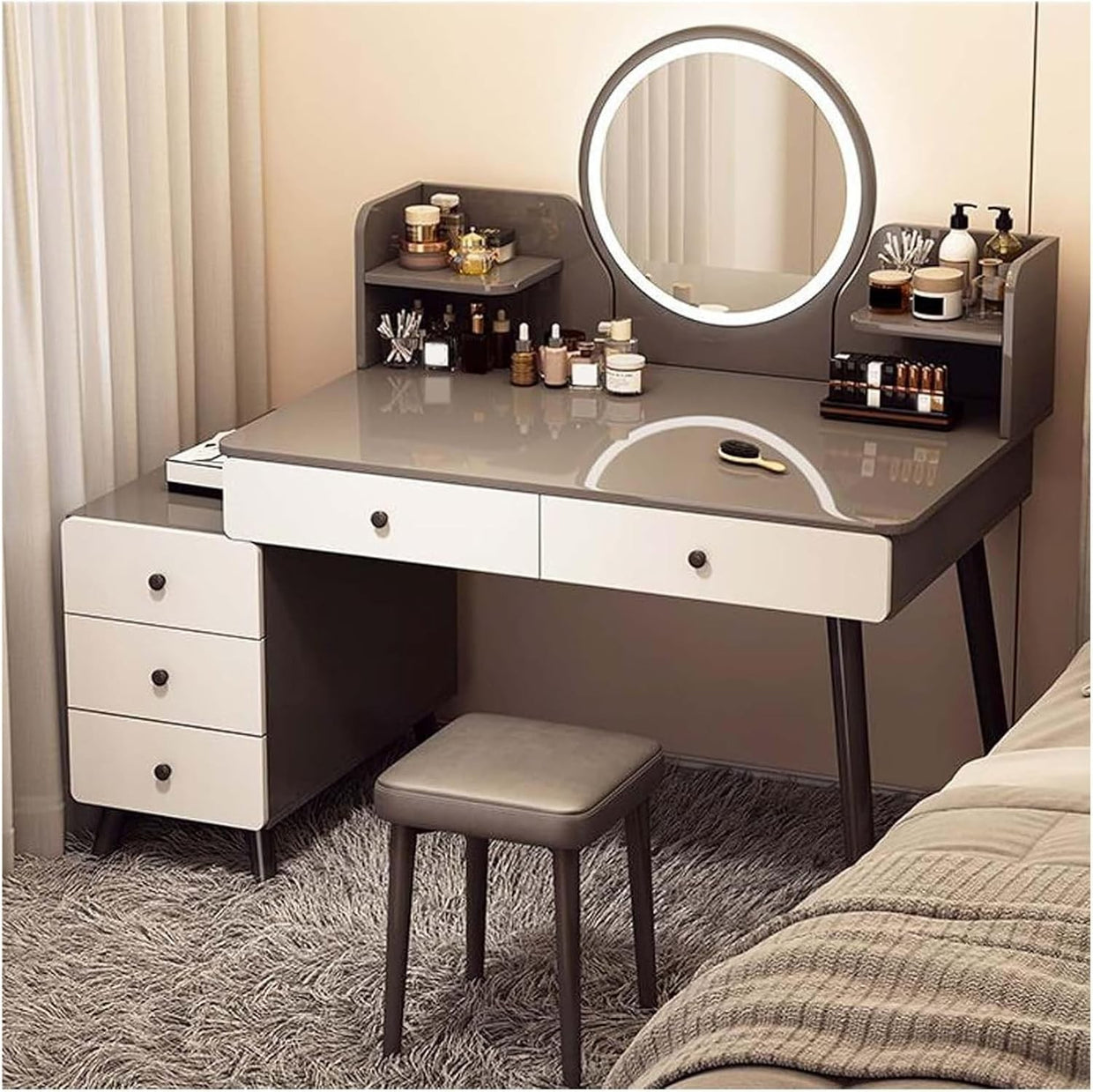Dressing Table Vanity Desk with LED Lights & Stool, Makeup Storage Drawers, Mode - Kwikley
