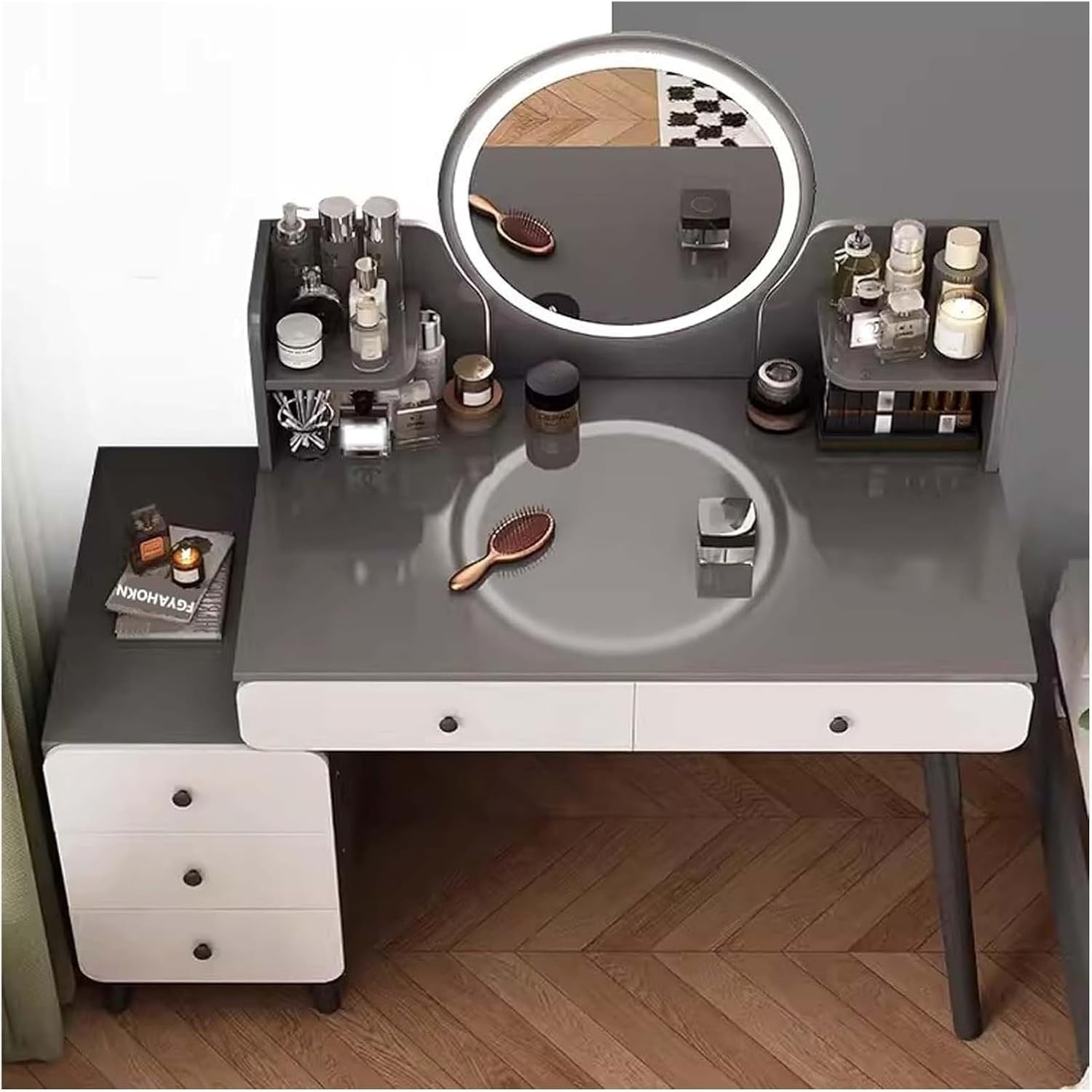 Dressing Table Vanity Desk with LED Lights & Stool, Makeup Storage Drawers, Mode - Kwikley