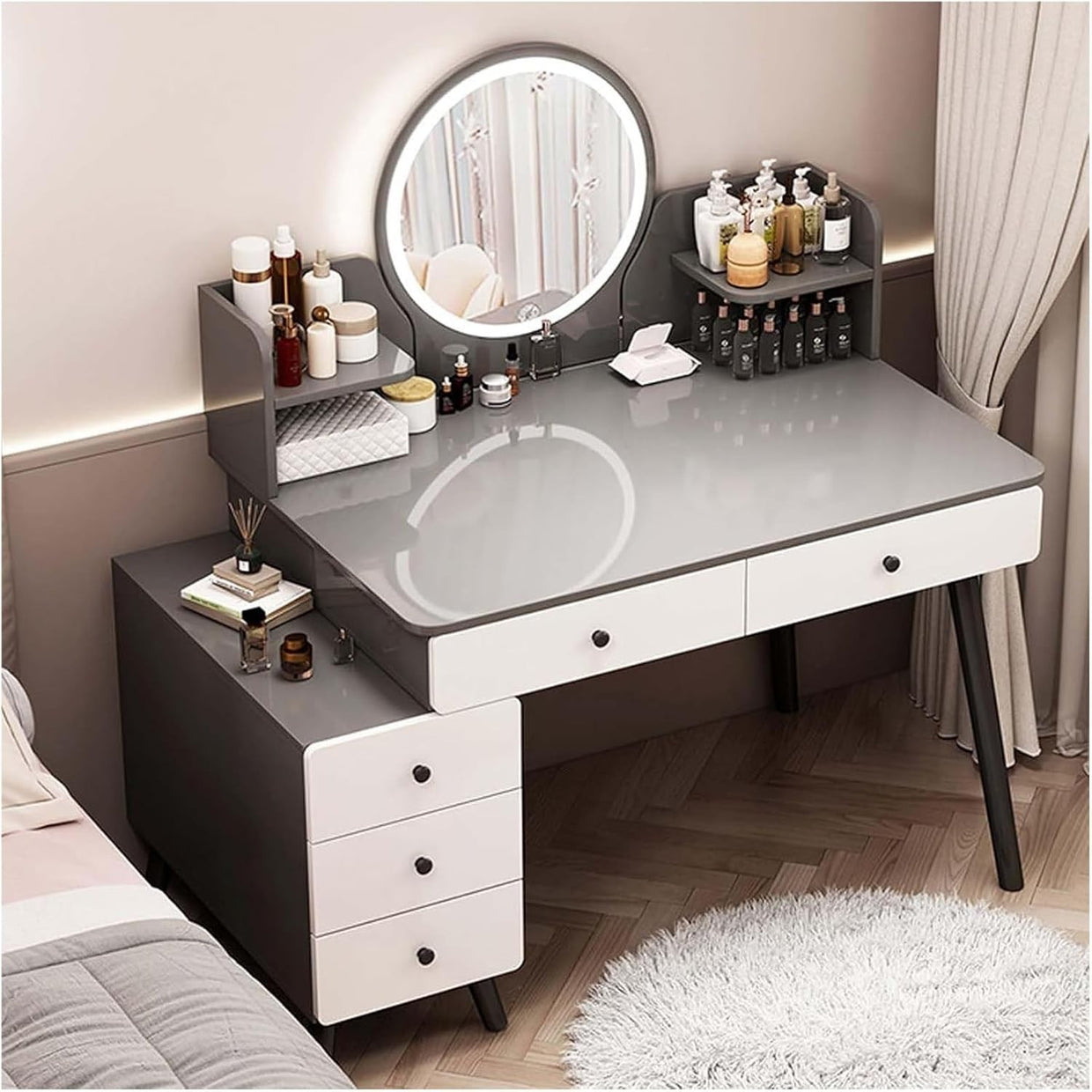 Dressing Table Vanity Desk with LED Lights & Stool, Makeup Storage Drawers, Mode - Kwikley