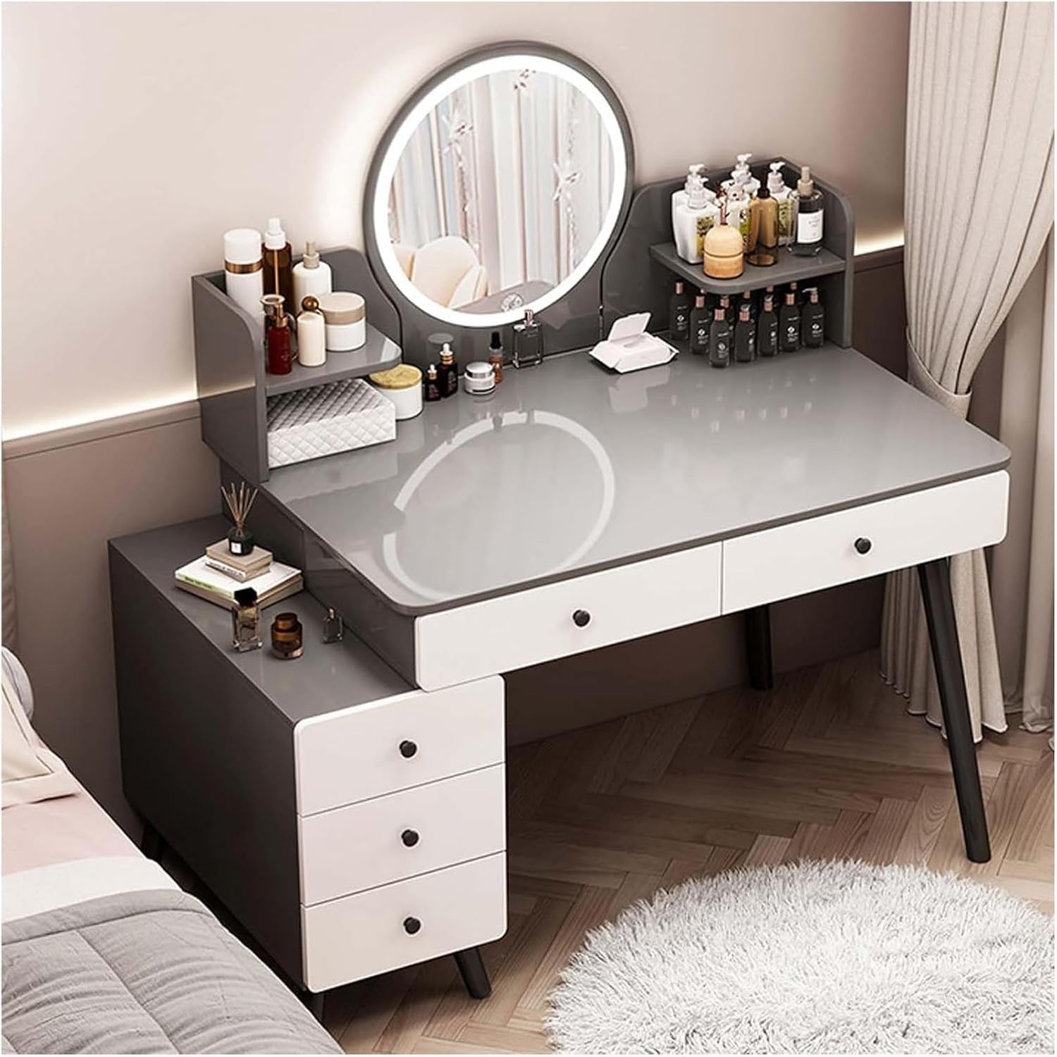 Dressing Table Vanity Desk with LED Lights & Stool, Makeup Storage Drawers, Mode - Kwikley