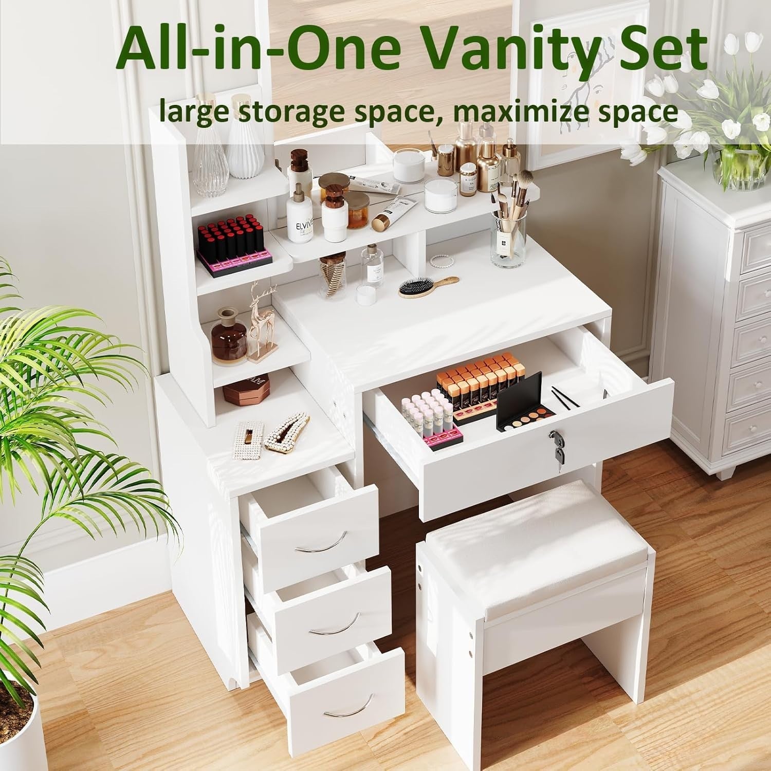 Dressing Table Vanity LED Lights Power Strip 2 Drawers 4 Shelves Makeup Desk - Kwikley