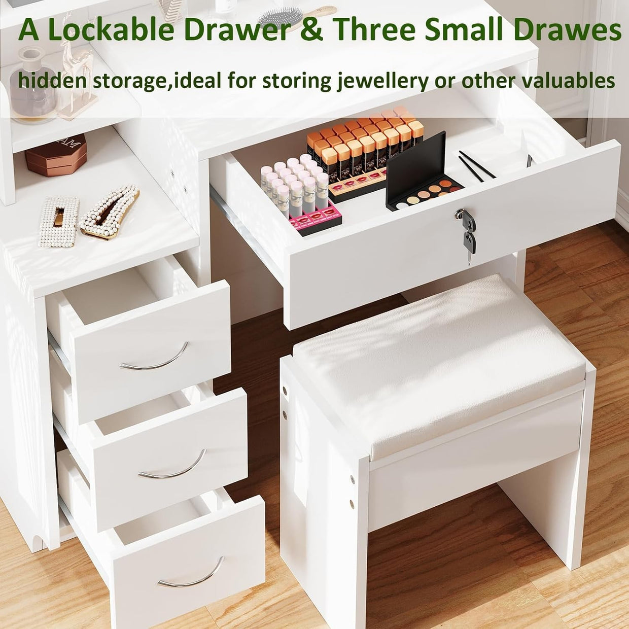 Dressing Table Vanity LED Lights Power Strip 2 Drawers 4 Shelves Makeup Desk - Kwikley