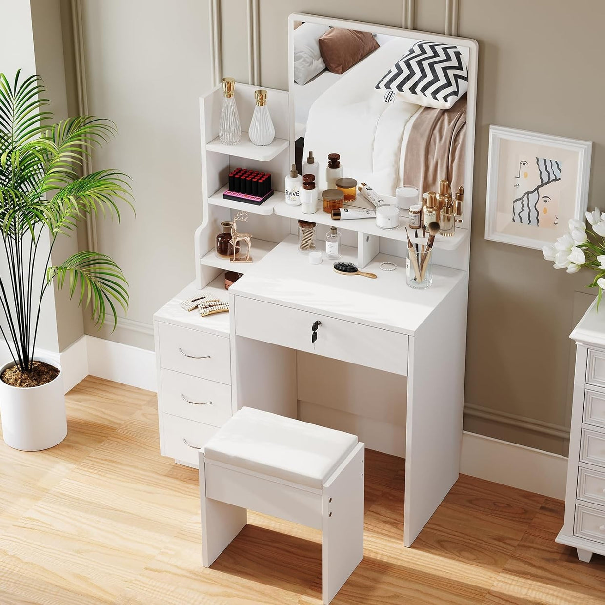 Dressing Table Vanity LED Lights Power Strip 2 Drawers 4 Shelves Makeup Desk - Kwikley