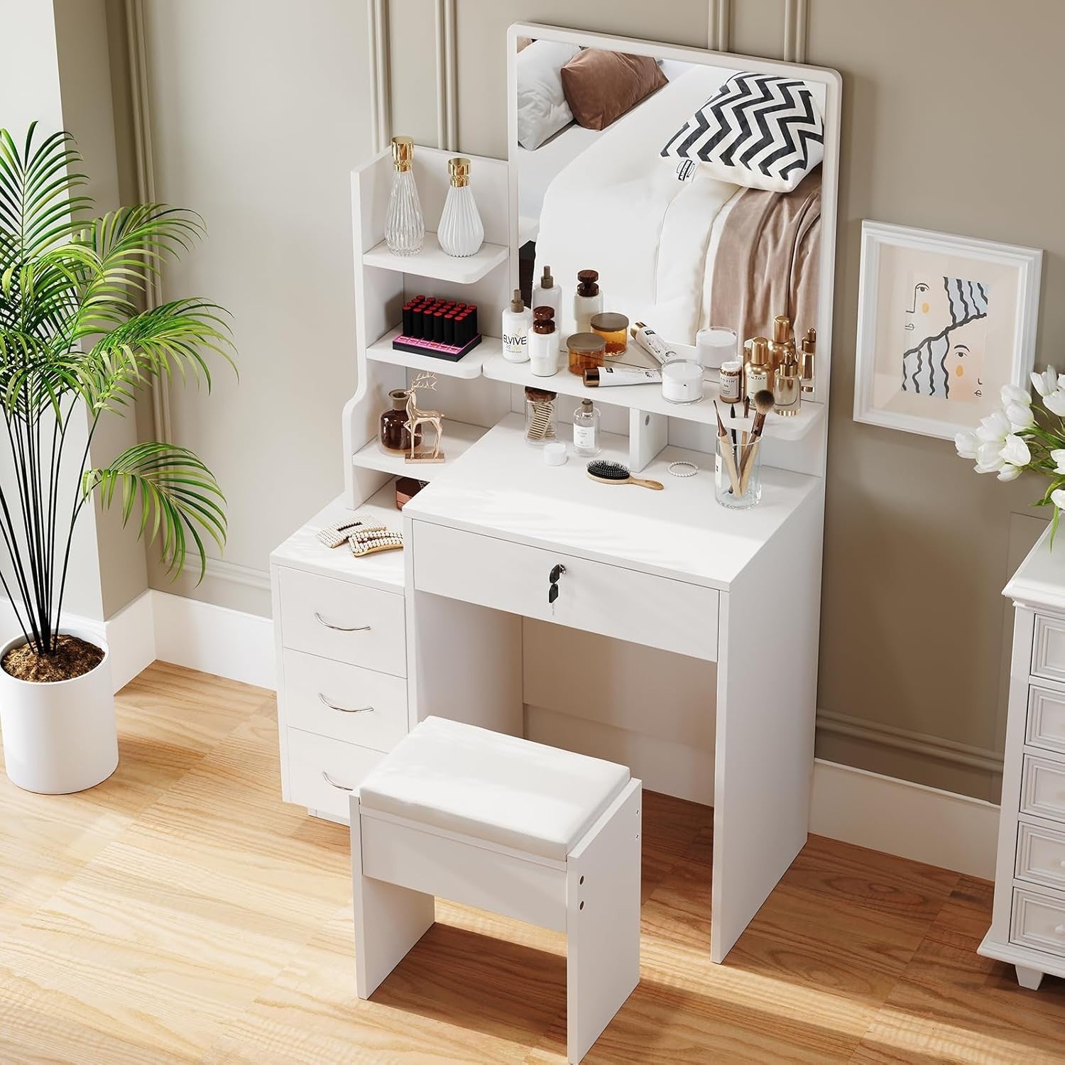 Dressing Table Vanity LED Lights Power Strip 2 Drawers 4 Shelves Makeup Desk - Kwikley
