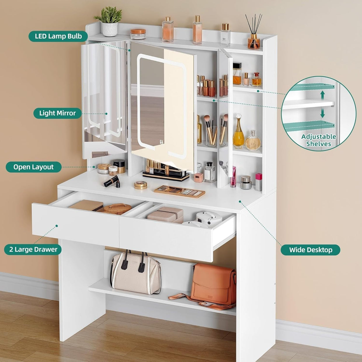 Dressing Table Vanity Set Mirror Lights Storage Adjustable Shelves White Wood - Kwikley