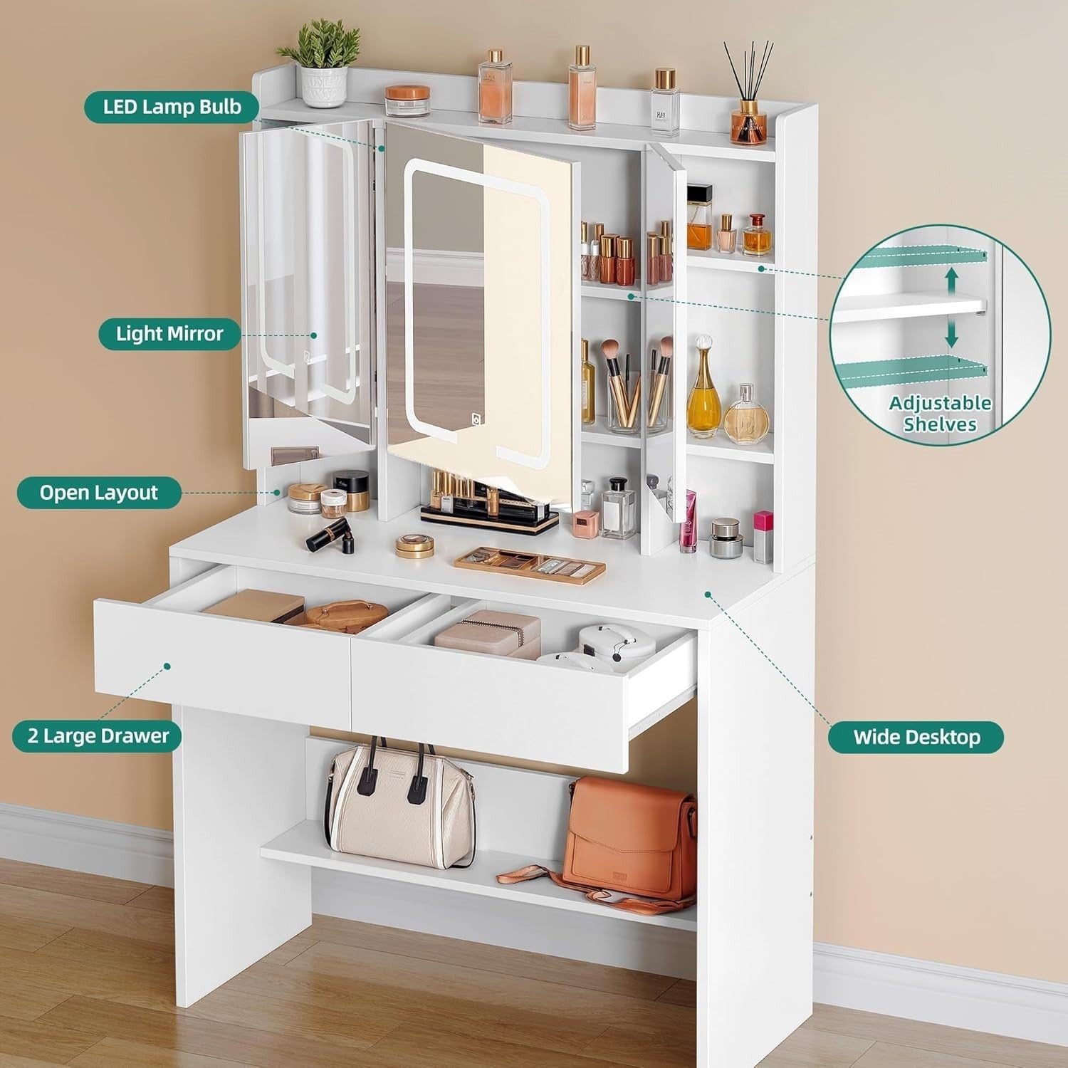 Dressing Table Vanity Set Mirror Lights Storage Adjustable Shelves White Wood - Kwikley