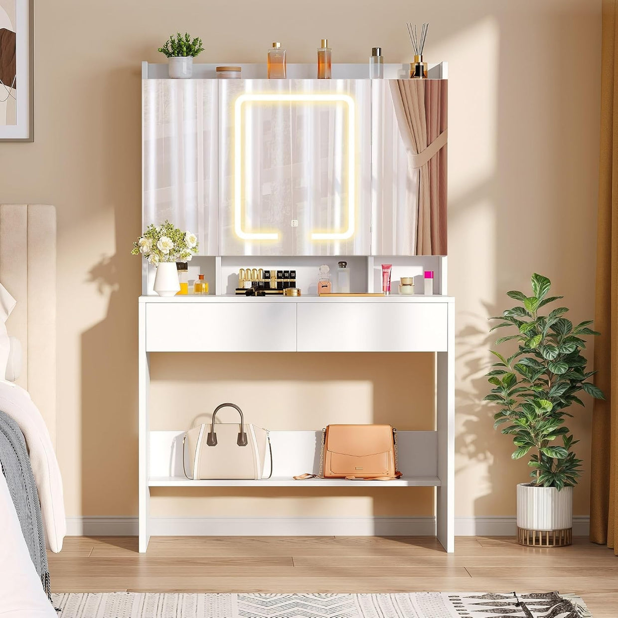 Dressing Table Vanity Set Mirror Lights Storage Adjustable Shelves White Wood - Kwikley