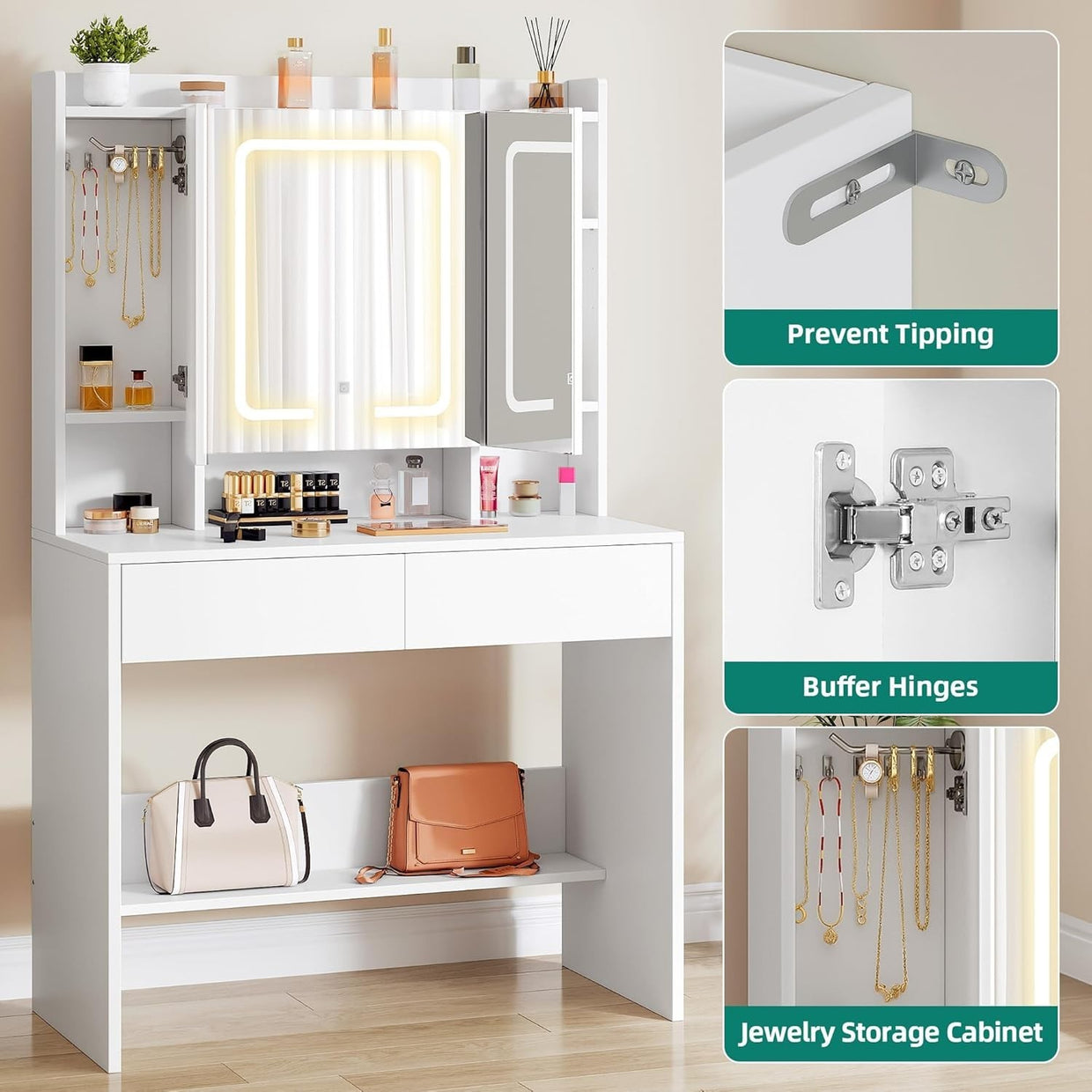 Dressing Table Vanity Set Mirror Lights Storage Adjustable Shelves White Wood - Kwikley