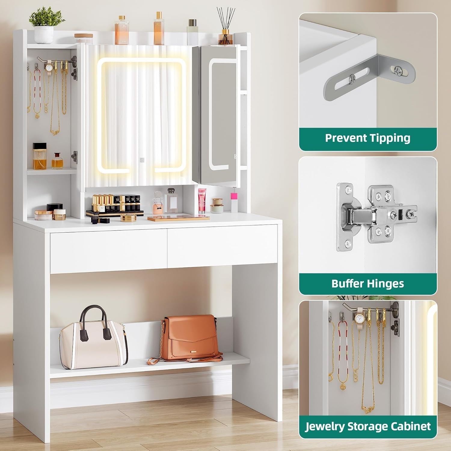 Dressing Table Vanity Set Mirror Lights Storage Adjustable Shelves White Wood - Kwikley