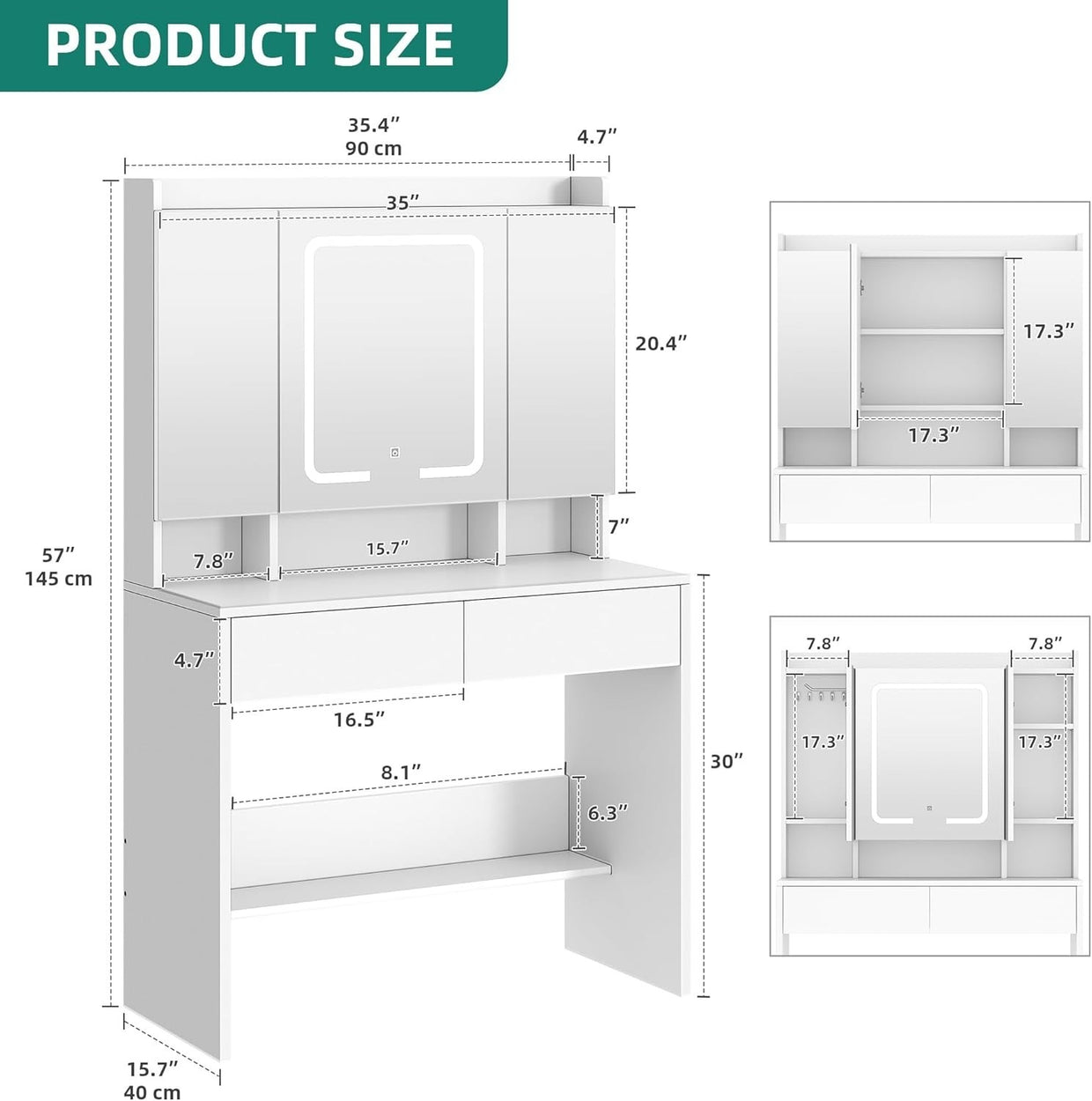 Dressing Table Vanity Set Mirror Lights Storage Adjustable Shelves White Wood - Kwikley