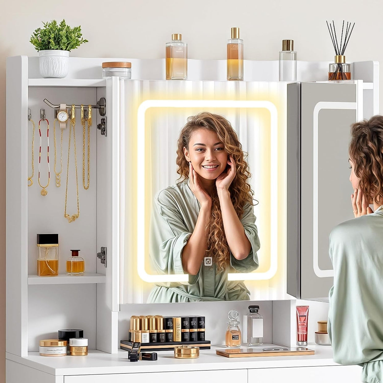 Dressing Table Vanity Set Mirror Lights Storage Adjustable Shelves White Wood - Kwikley