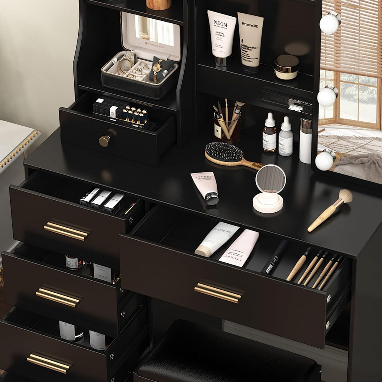 Dressing Table Vanity Set with 3 - Color LED Lights, 12 Storage Drawers, Stool - Kwikley