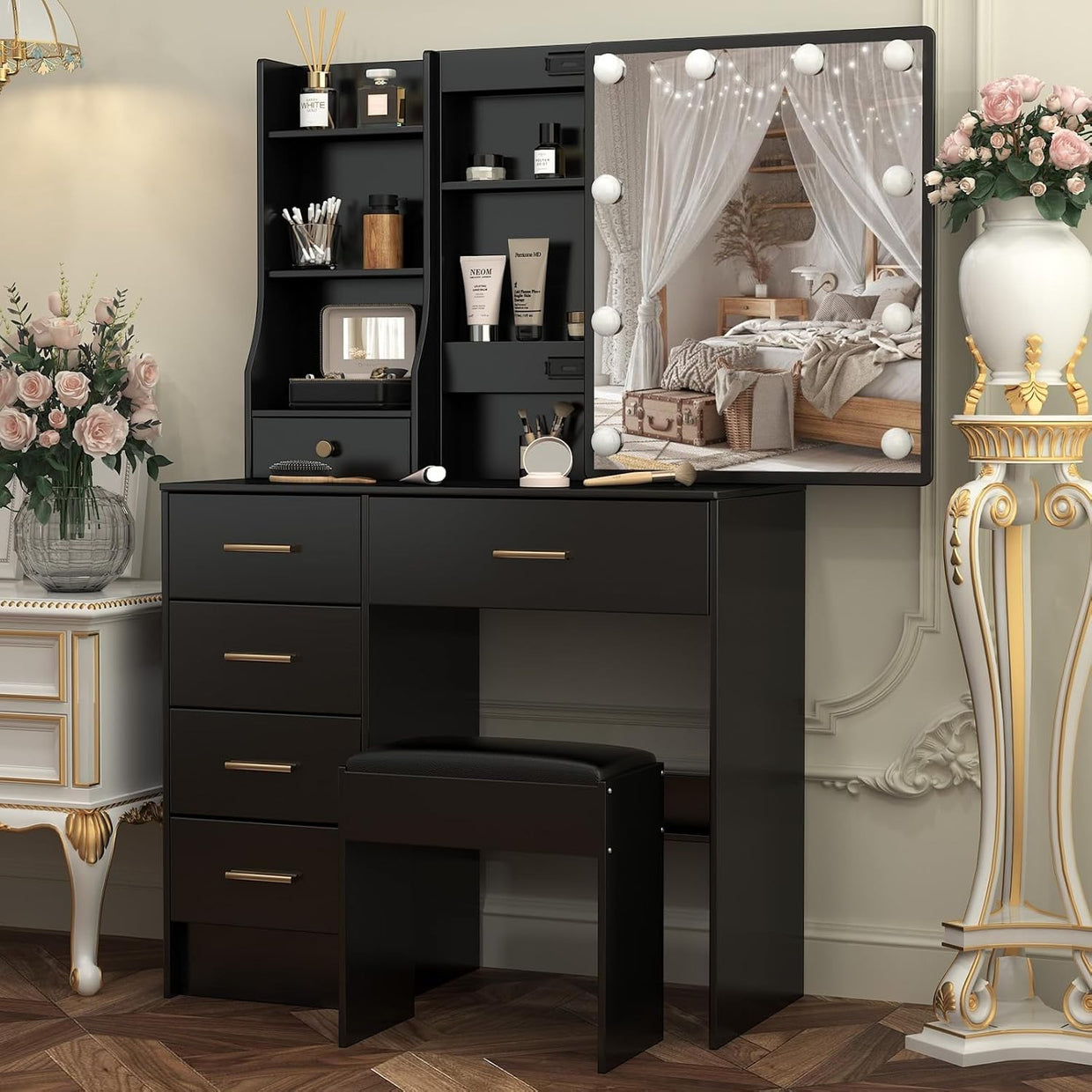 Dressing Table Vanity Set with 3 - Color LED Lights, 12 Storage Drawers, Stool - Kwikley
