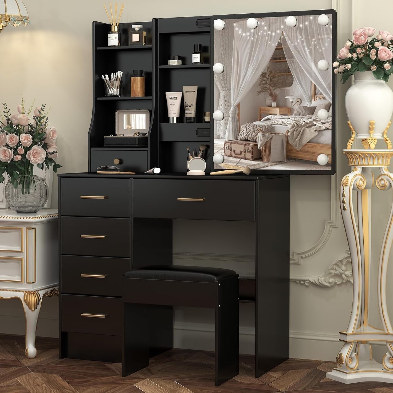 Dressing Table Vanity Set with 3 - Color LED Lights, 12 Storage Drawers, Stool - Kwikley