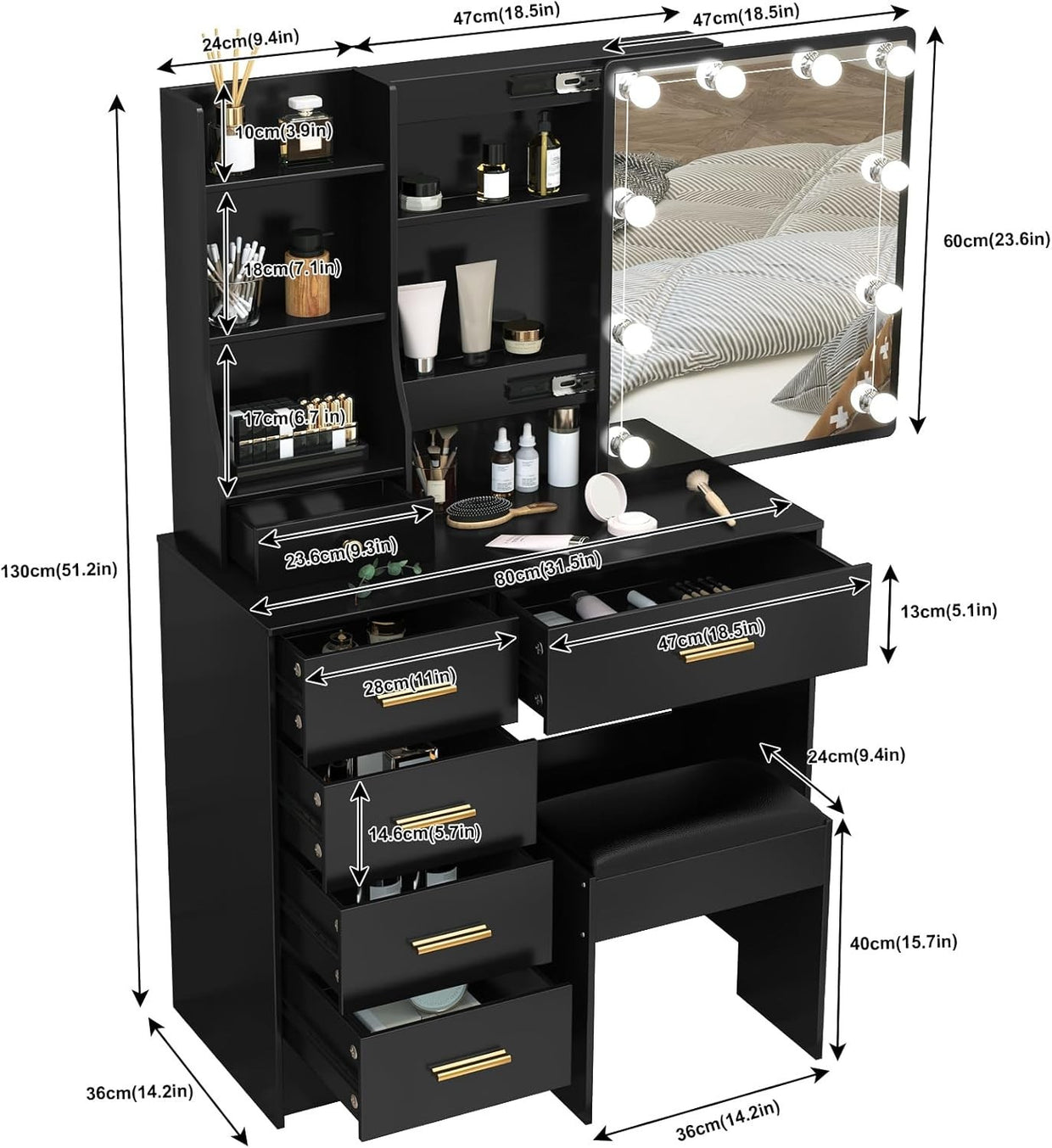 Dressing Table Vanity Set with 3 - Color LED Lights, 12 Storage Drawers, Stool - Kwikley