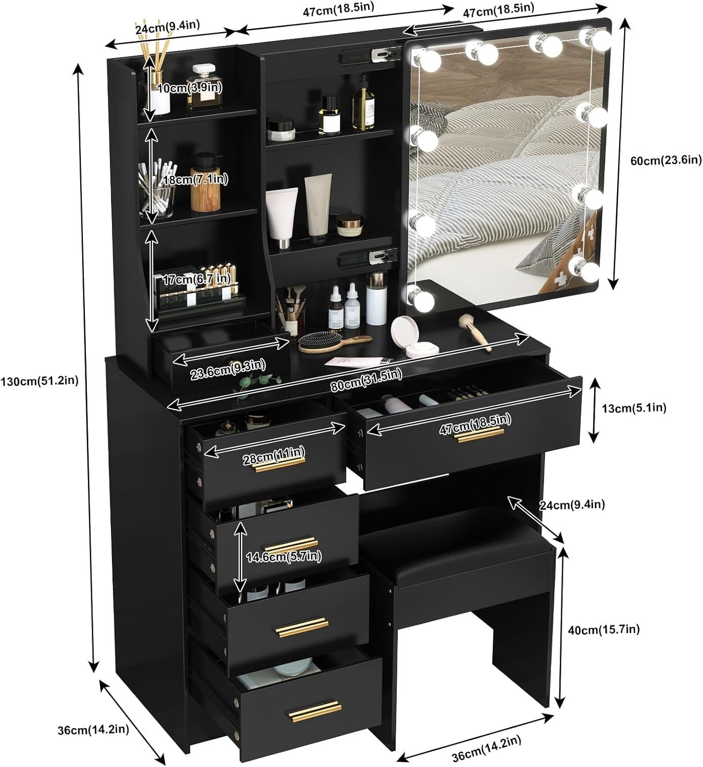 Dressing Table Vanity Set with 3 - Color LED Lights, 12 Storage Drawers, Stool - Kwikley