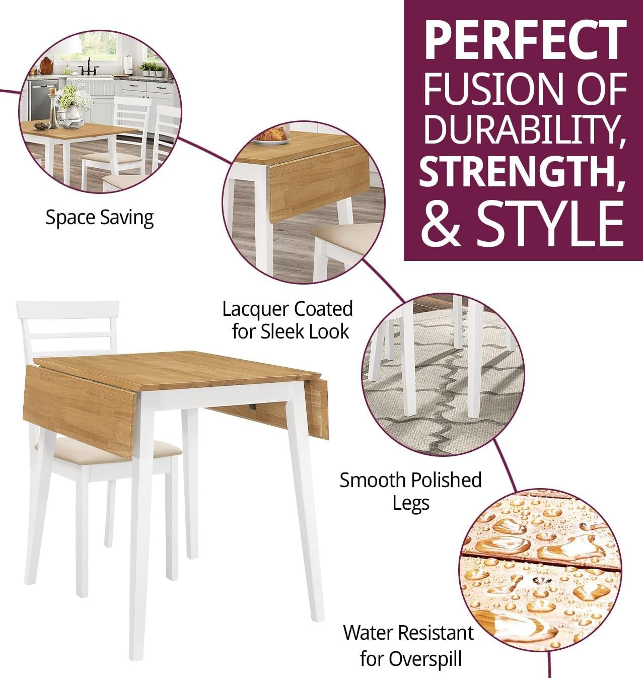 Drop Leaf Dining Table Set with 4 Chairs Brown White Compact Space Saving - Kwikley