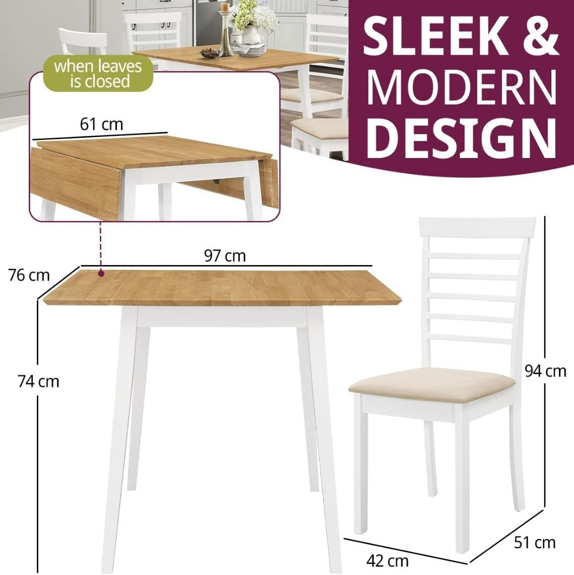 Drop Leaf Dining Table Set with 4 Chairs Brown White Compact Space Saving - Kwikley