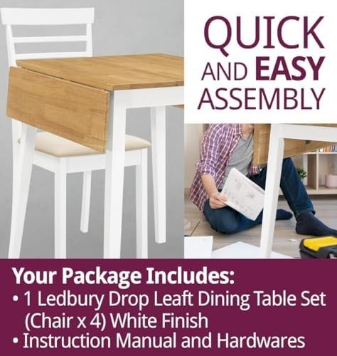 Drop Leaf Dining Table Set with 4 Chairs Brown White Compact Space Saving - Kwikley