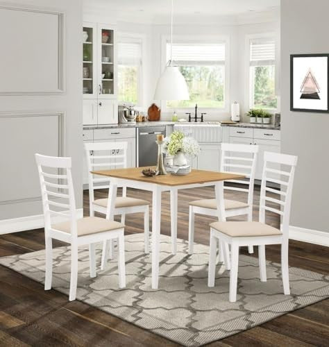 Drop Leaf Dining Table Set with 4 Chairs Brown White Compact Space Saving - Kwikley