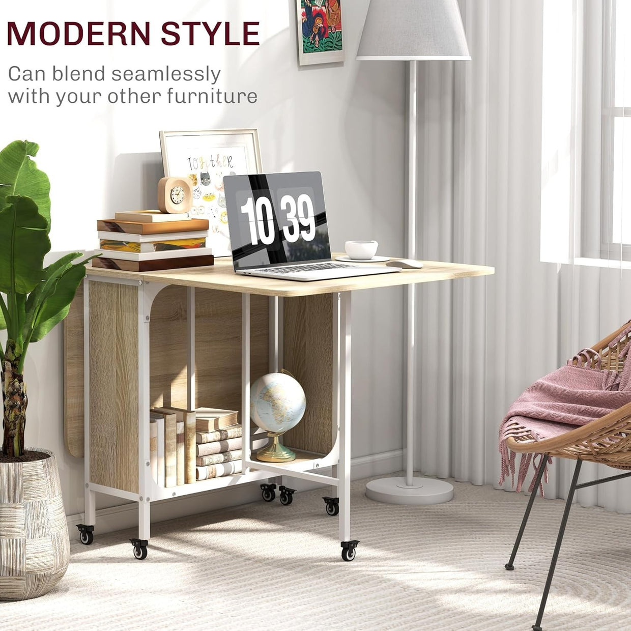 Drop Leaf Folding Dining Table on Wheels Storage Shelf Wood Compact - Kwikley
