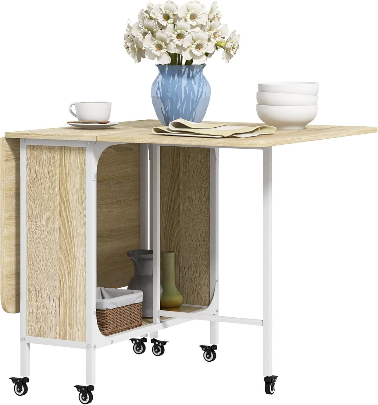 Drop Leaf Folding Dining Table on Wheels Storage Shelf Wood Compact - Kwikley