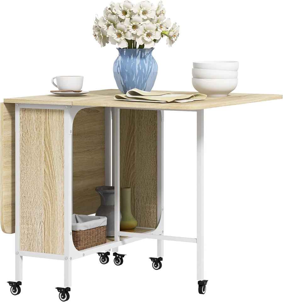 Drop Leaf Folding Dining Table on Wheels Storage Shelf Wood Compact - Kwikley