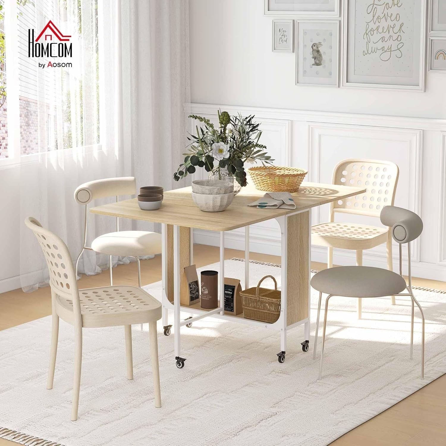 Drop Leaf Folding Dining Table on Wheels Storage Shelf Wood Compact - Kwikley