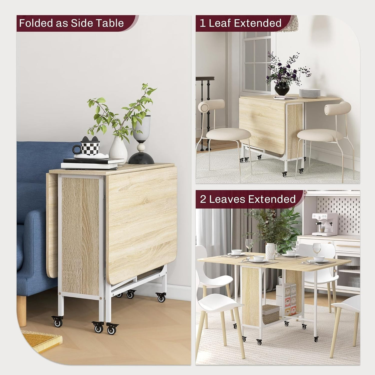 Drop Leaf Folding Dining Table on Wheels Storage Shelf Wood Compact - Kwikley
