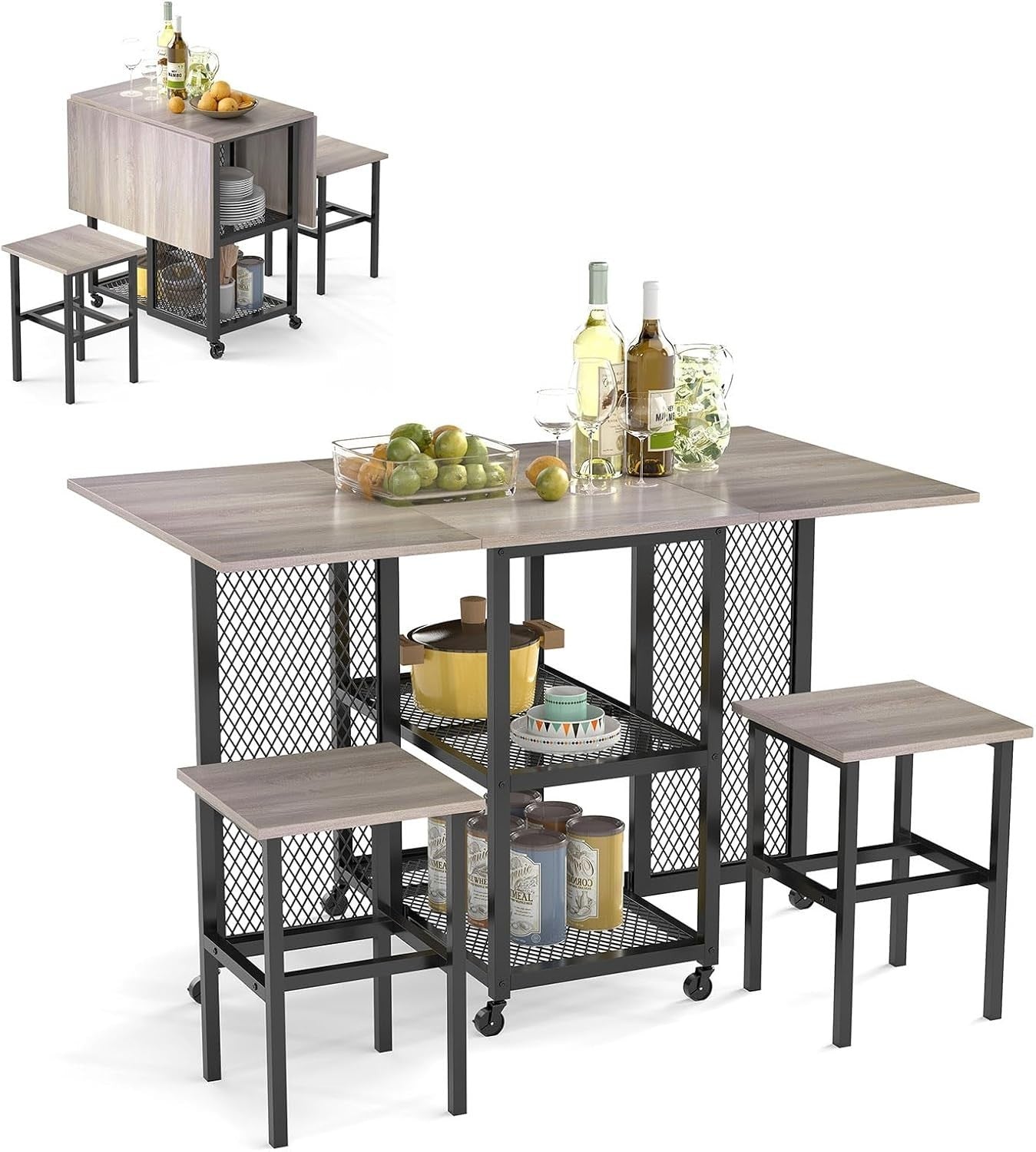 Drop Leaf Folding Dining Table Set with Stools Grey Space Saving Storage - Kwikley