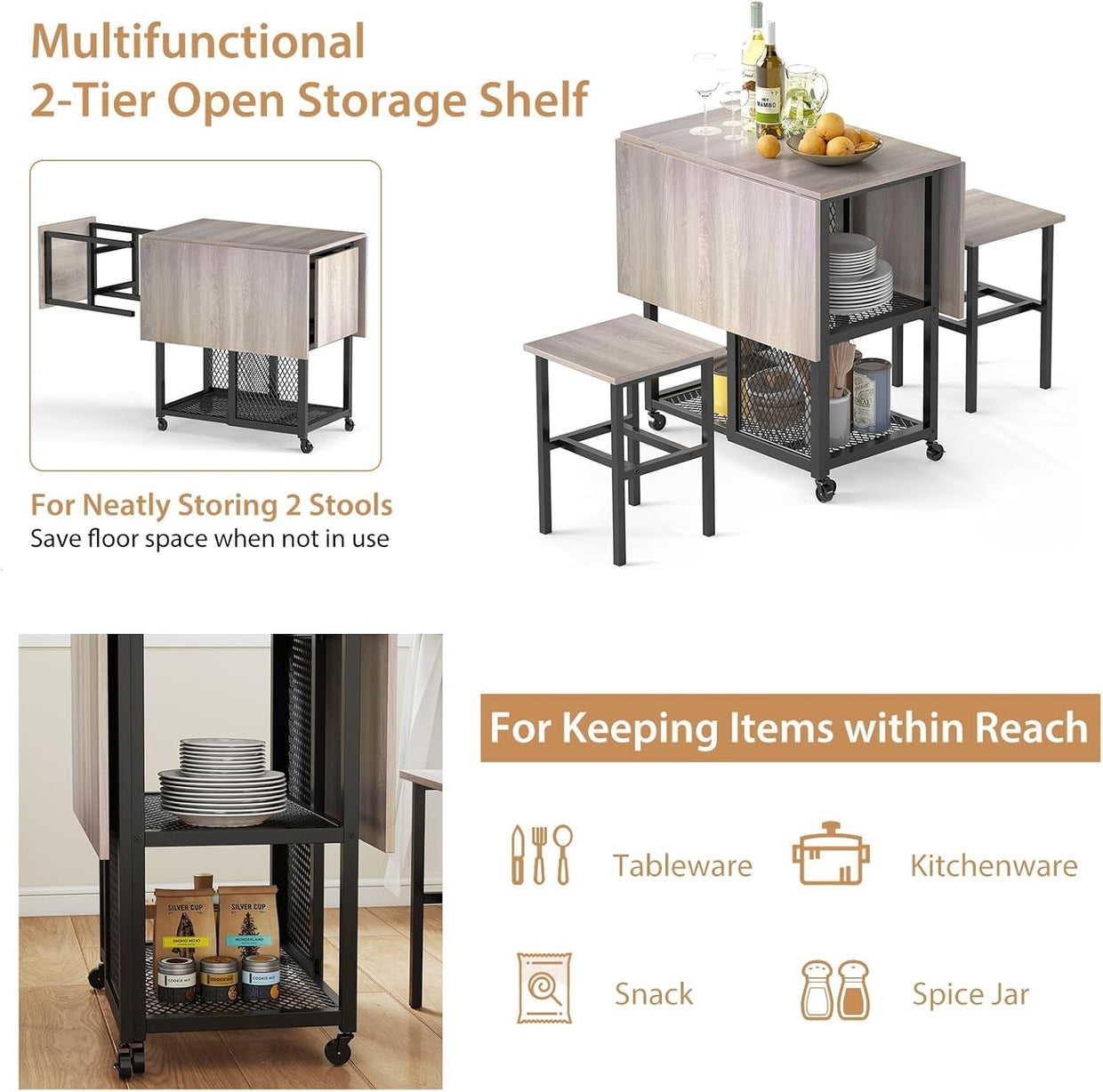 Drop Leaf Folding Dining Table Set with Stools Grey Space Saving Storage - Kwikley