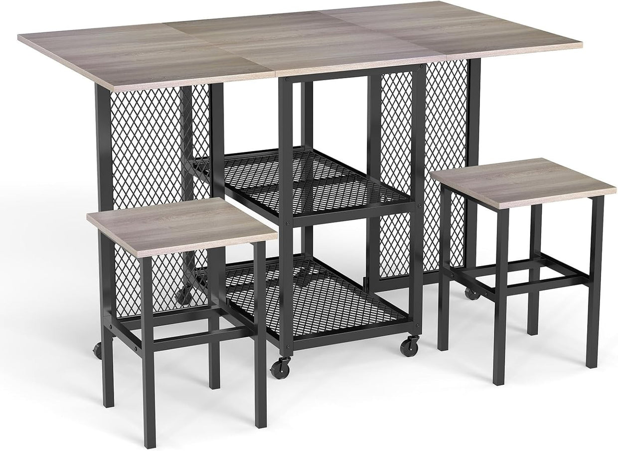 Drop Leaf Folding Dining Table Set with Stools Grey Space Saving Storage - Kwikley