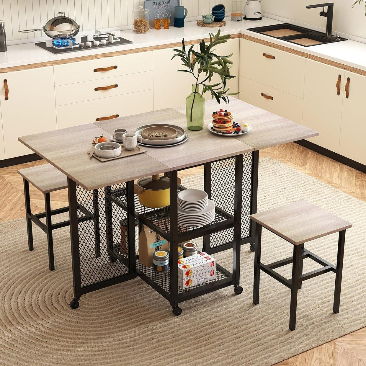 Drop Leaf Folding Dining Table Set with Stools Grey Space Saving Storage - Kwikley
