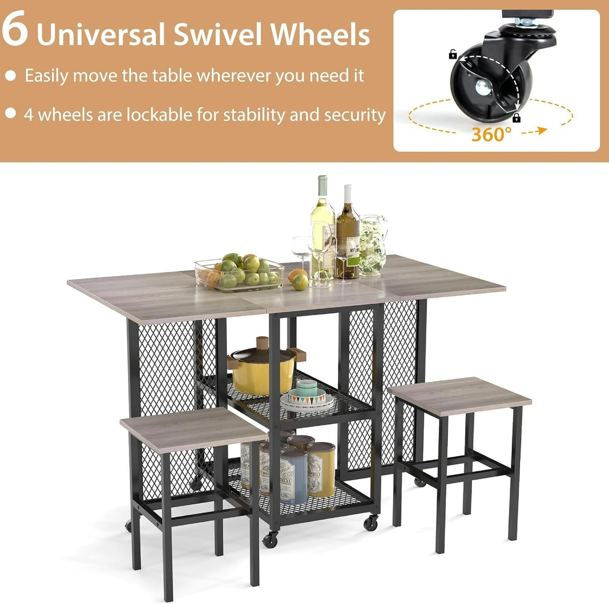 Drop Leaf Folding Dining Table Set with Stools Grey Space Saving Storage - Kwikley