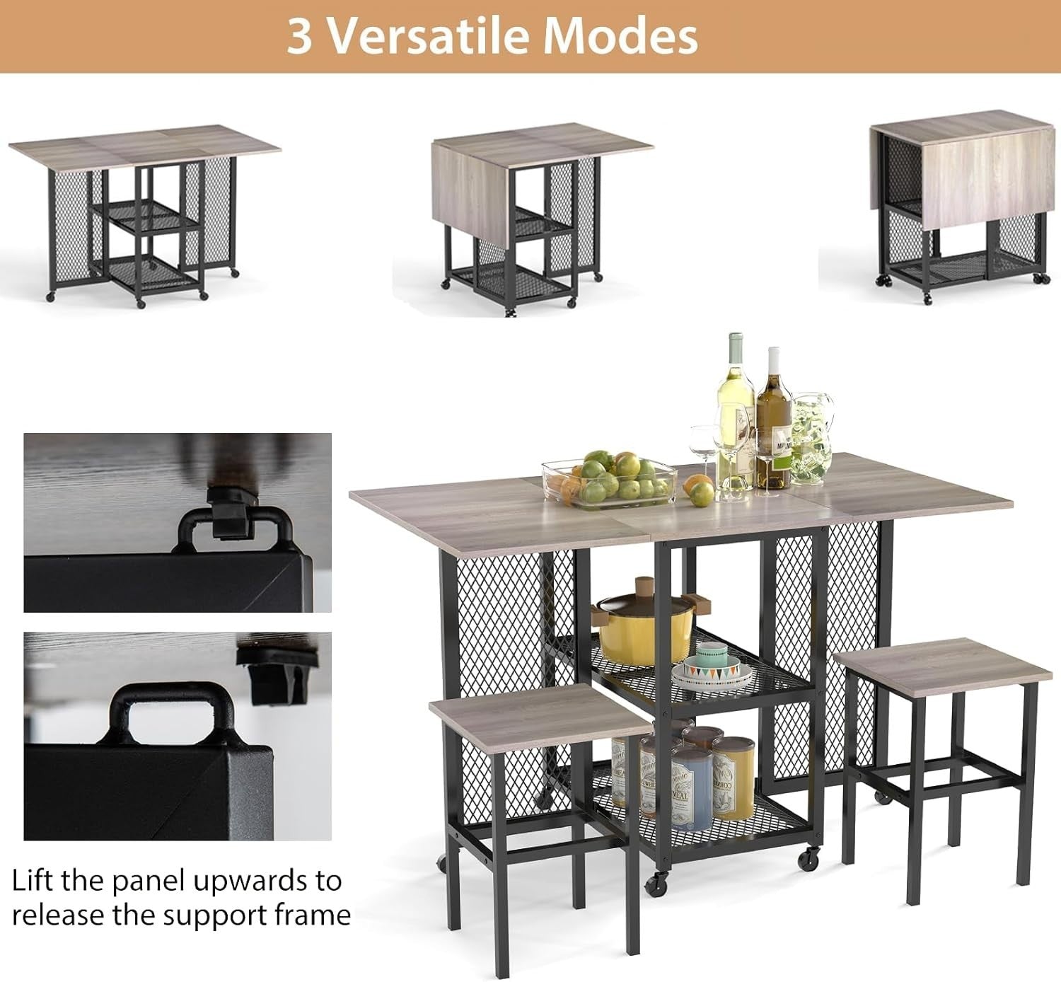 Drop Leaf Folding Dining Table Set with Stools Grey Space Saving Storage - Kwikley