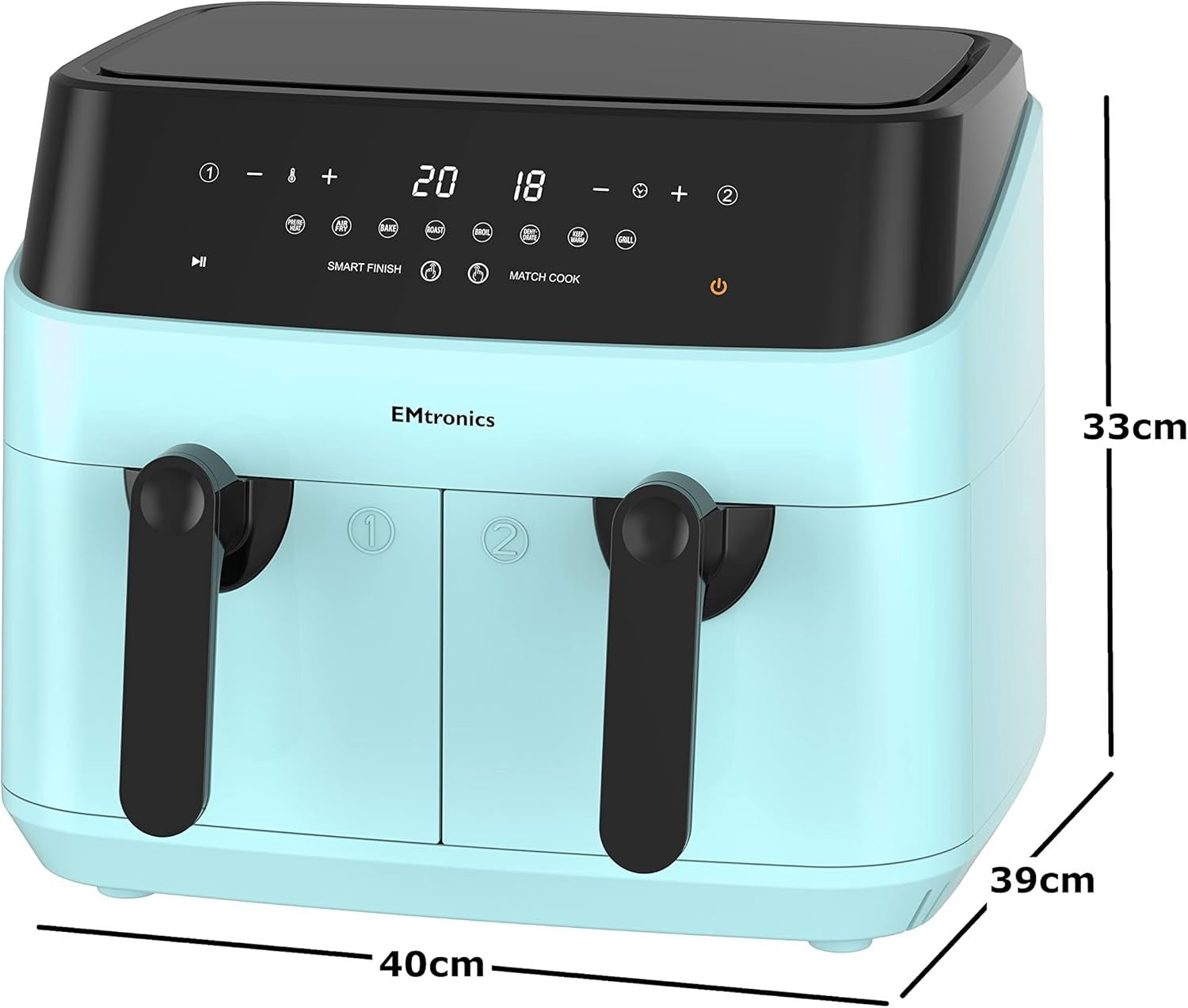 Dual Air Fryer XL 9L Family Size | 8 Presets Healthy Cooking | Aqua Blue - Kwikley