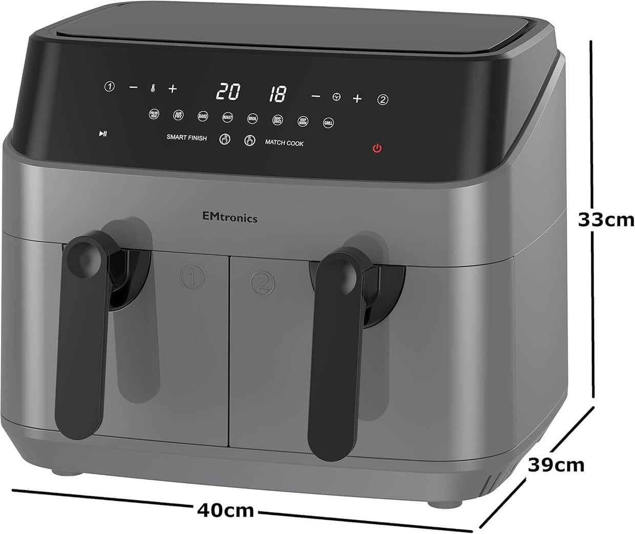 Dual Air Fryer XL 9L Family Size | 8 Presets Healthy Cooking | Grey - Kwikley