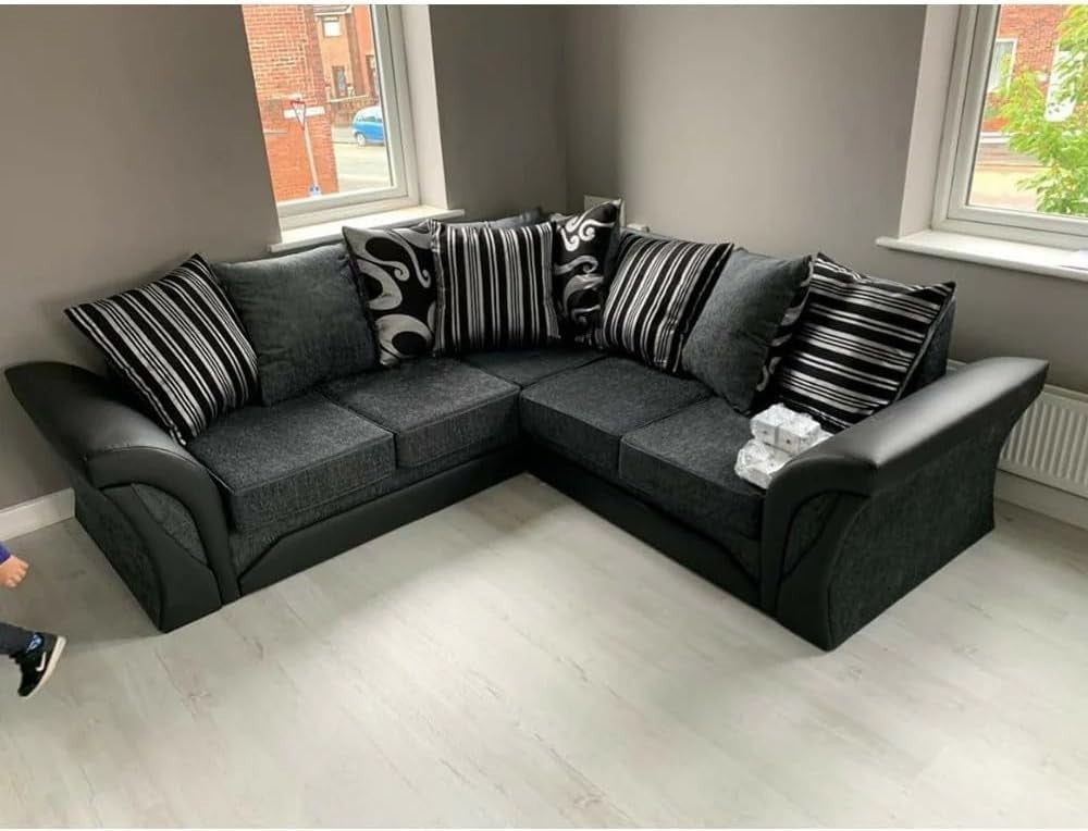 Dual Arm Corner Sofa 3+2 Seater Set – Black & Grey Fabric Shannon Couch – 5 Seat - Kwikley