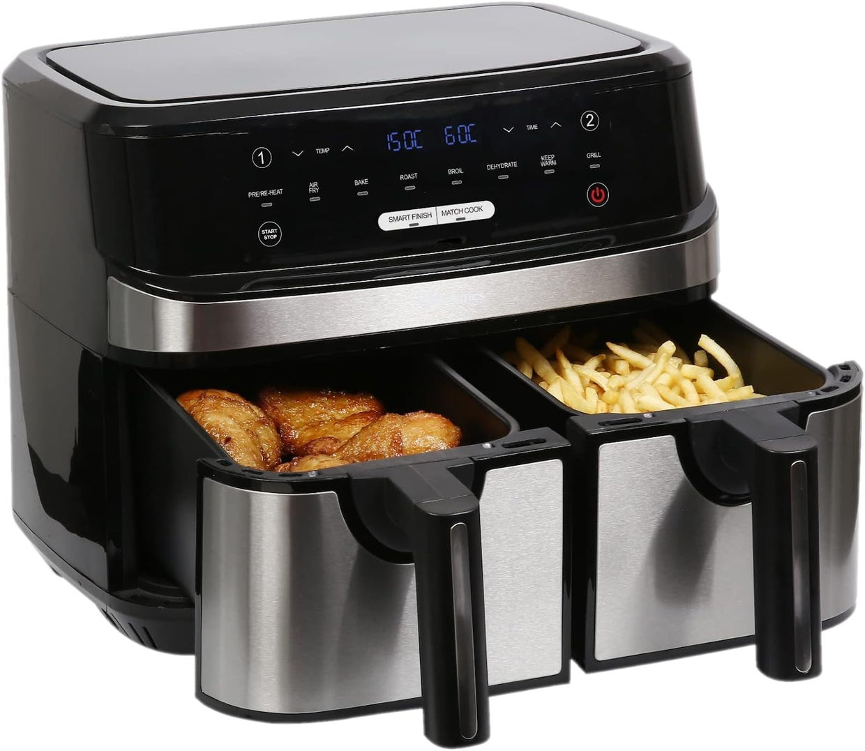Dual Basket 9L Digital Air Fryer 1750W 8 Presets Oil Free 99min Black - Kwikley