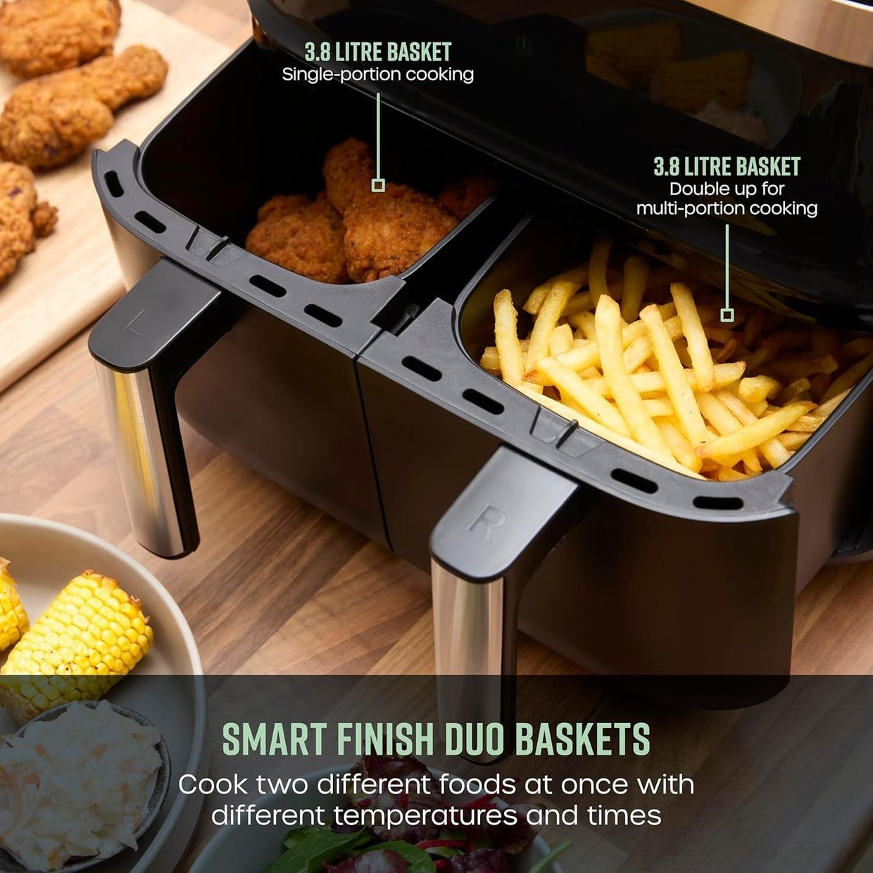 Dual Basket Air Fryer 7.6L 2850W Smart Finish Match Cook 8 Presets - Kwikley