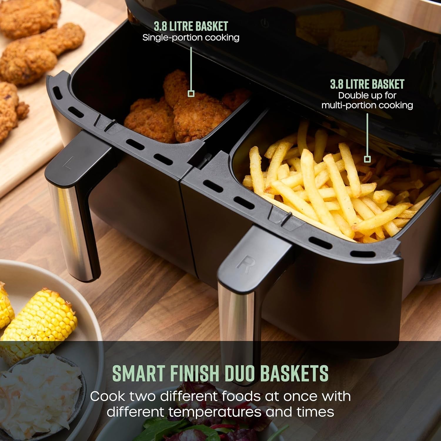 Dual Basket Air Fryer 7.6L 2850W Smart Finish Match Cook 8 Presets - Kwikley