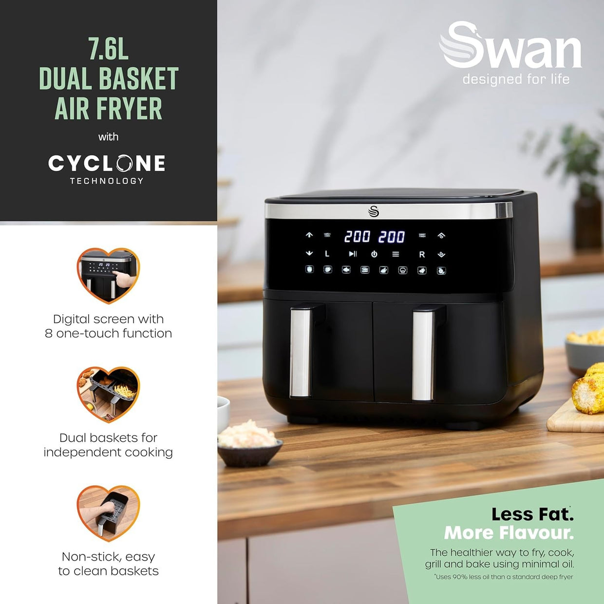 Dual Basket Air Fryer 7.6L 2850W Smart Finish Match Cook 8 Presets - Kwikley