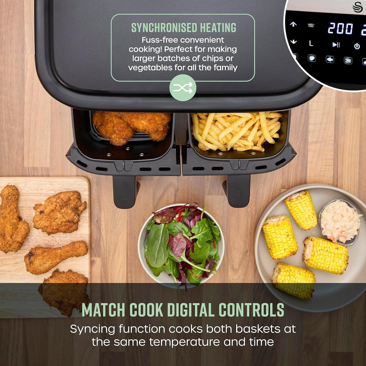 Dual Basket Air Fryer 7.6L 2850W Smart Finish Match Cook 8 Presets - Kwikley