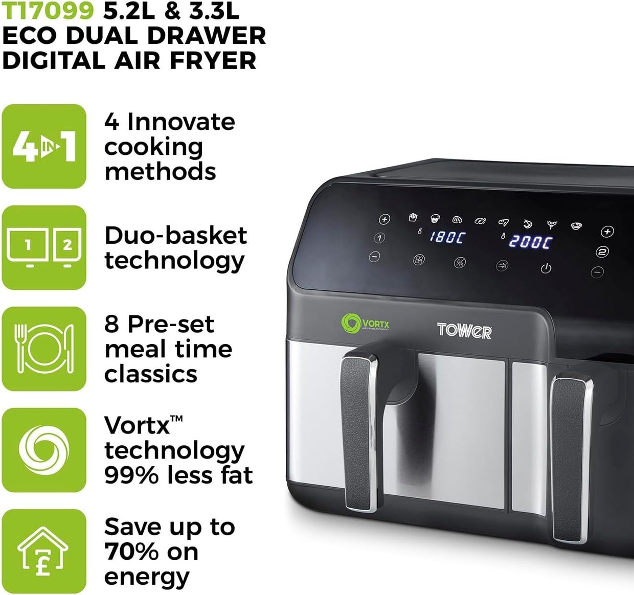 Dual Basket Air Fryer 8.5L 5.2L+3.3L 8 Presets 1700W Energy Saving - Kwikley