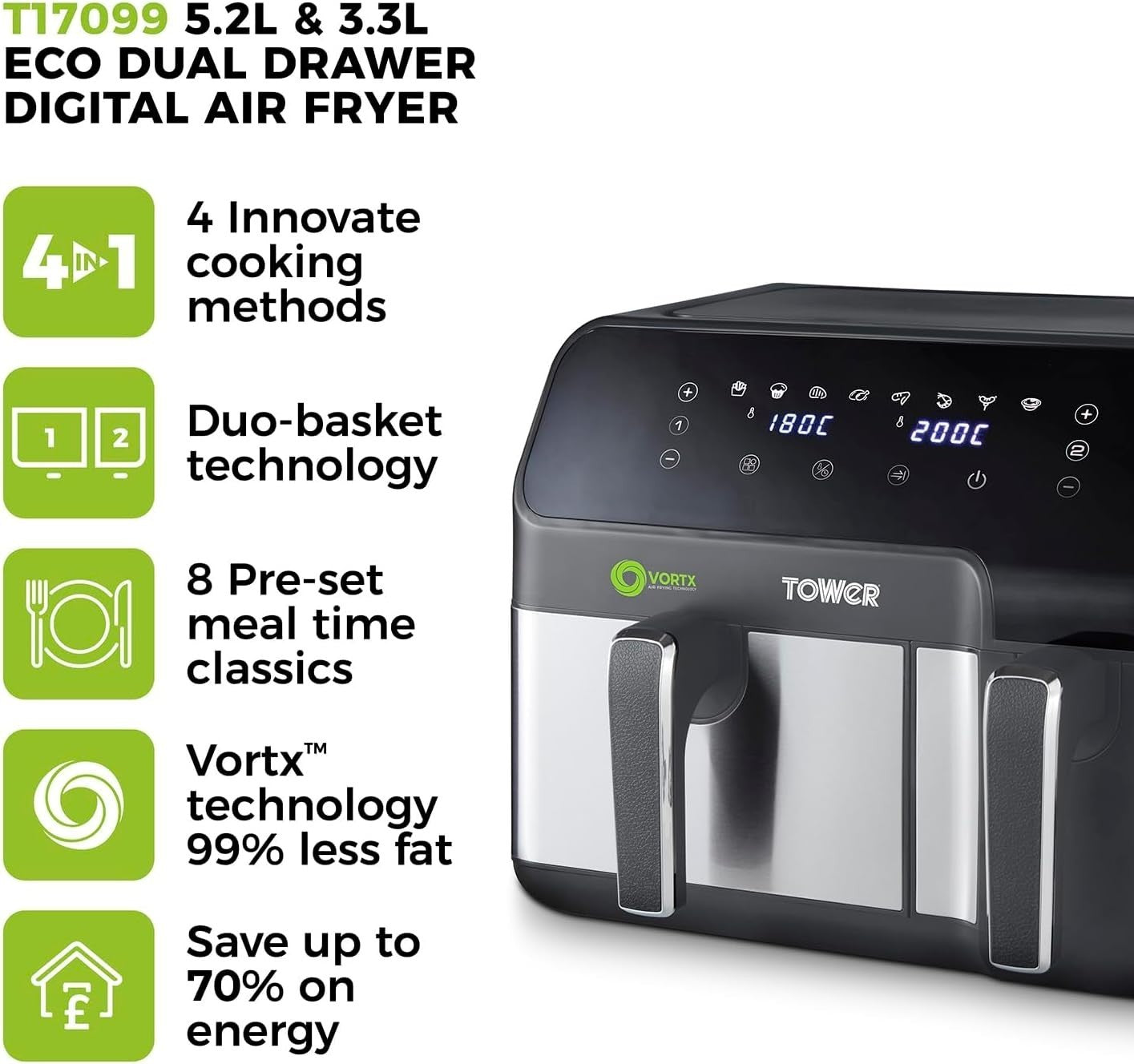 Dual Basket Air Fryer 8.5L 5.2L+3.3L 8 Presets 1700W Energy Saving - Kwikley