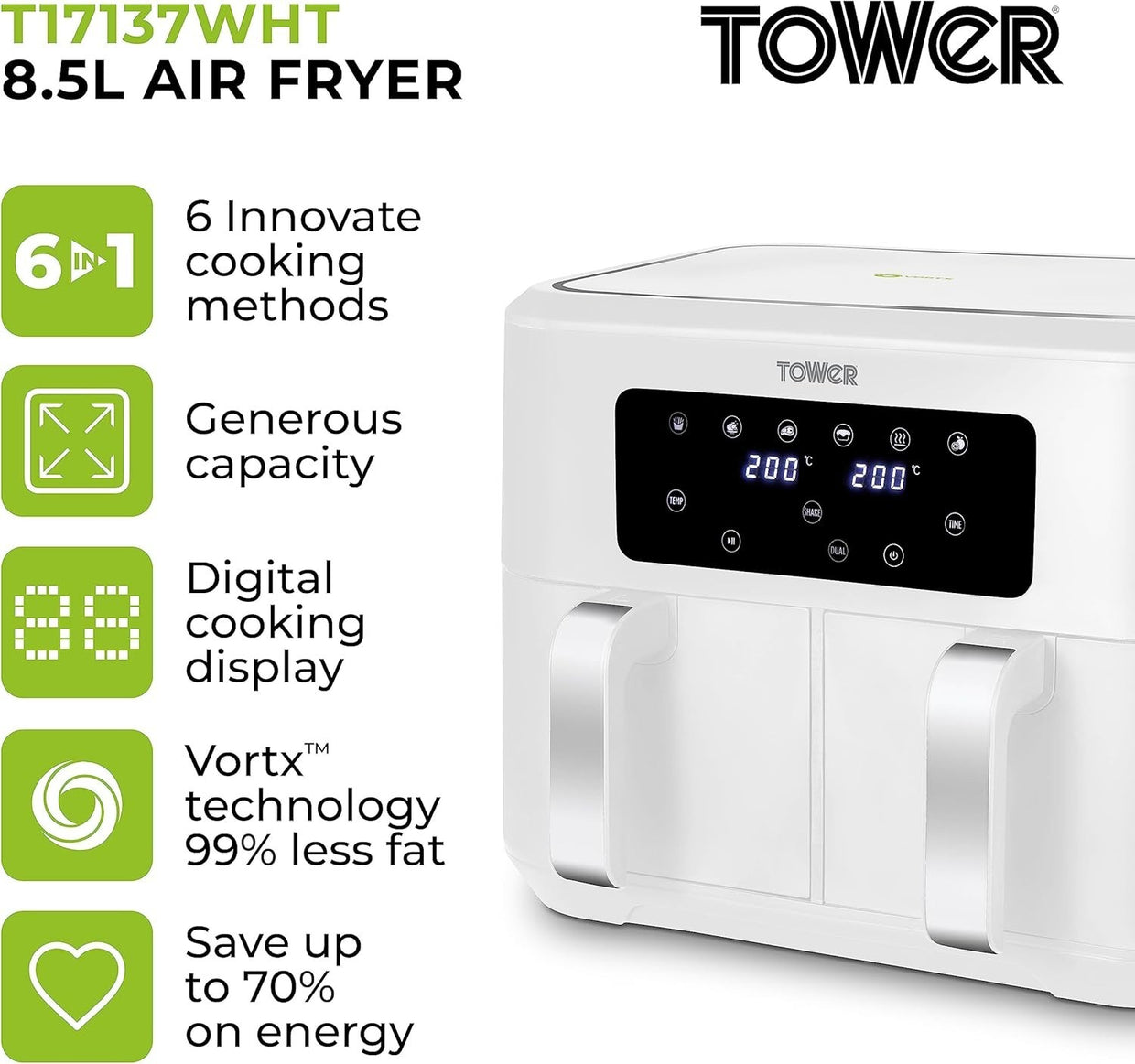Dual Basket Air Fryer 8.5L | Sync Finish Vortx Fast Healthy Cooking White - Kwikley
