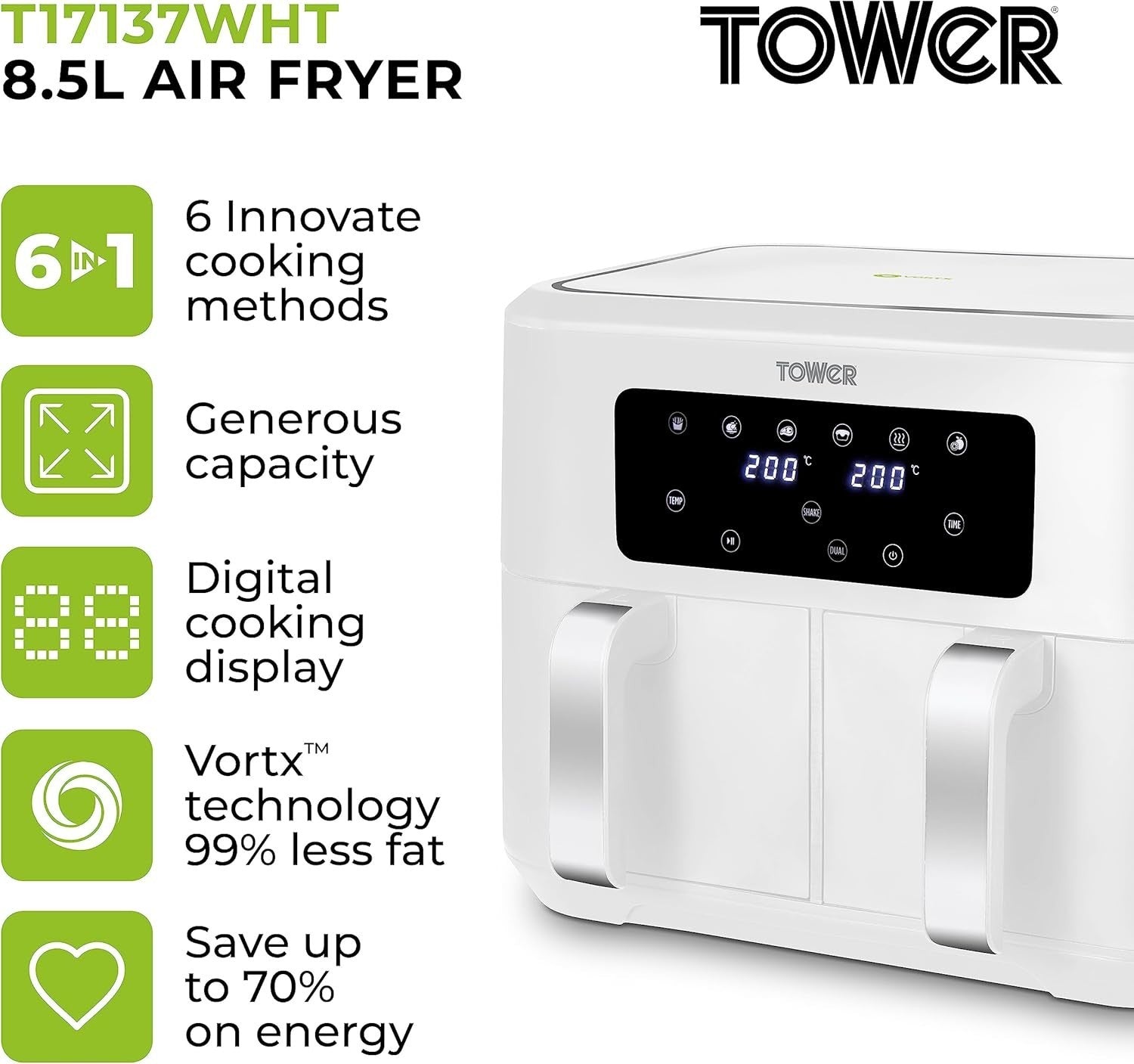 Dual Basket Air Fryer 8.5L | Sync Finish Vortx Fast Healthy Cooking White - Kwikley