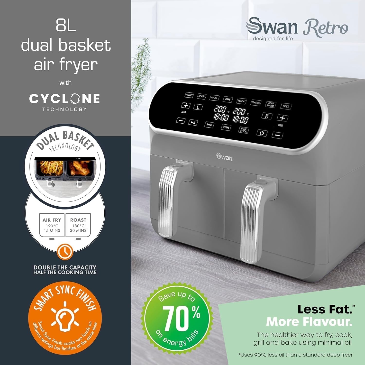 Dual Basket Air Fryer 8L | 8 Presets Fast Healthy Cooking Cyclone Tech - Kwikley