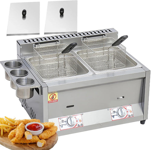 Dual Basket Gas Fryer Countertop Stainless Steel 16L Commercial - Kwikley